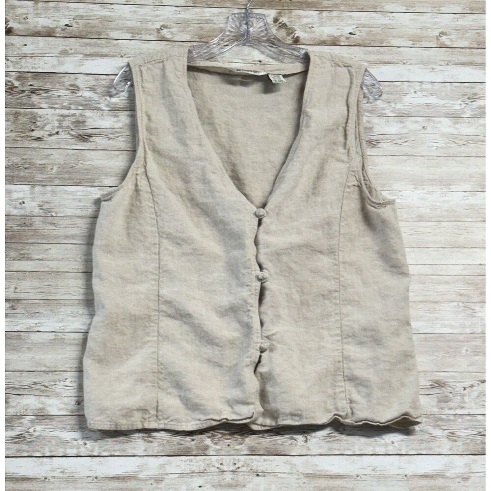 Vintage Orvis Linen Vest Beige Button Front Waistcoat Womens L Lagenlook Cottage
